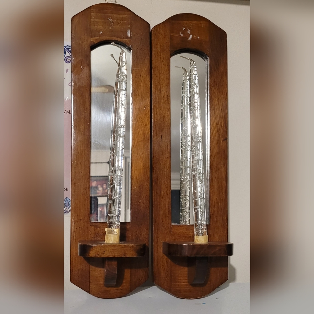 Vintage Set of 2 MCM Lucite Silver Flaked Candle Stick on Wooden w/ Mirror Wall